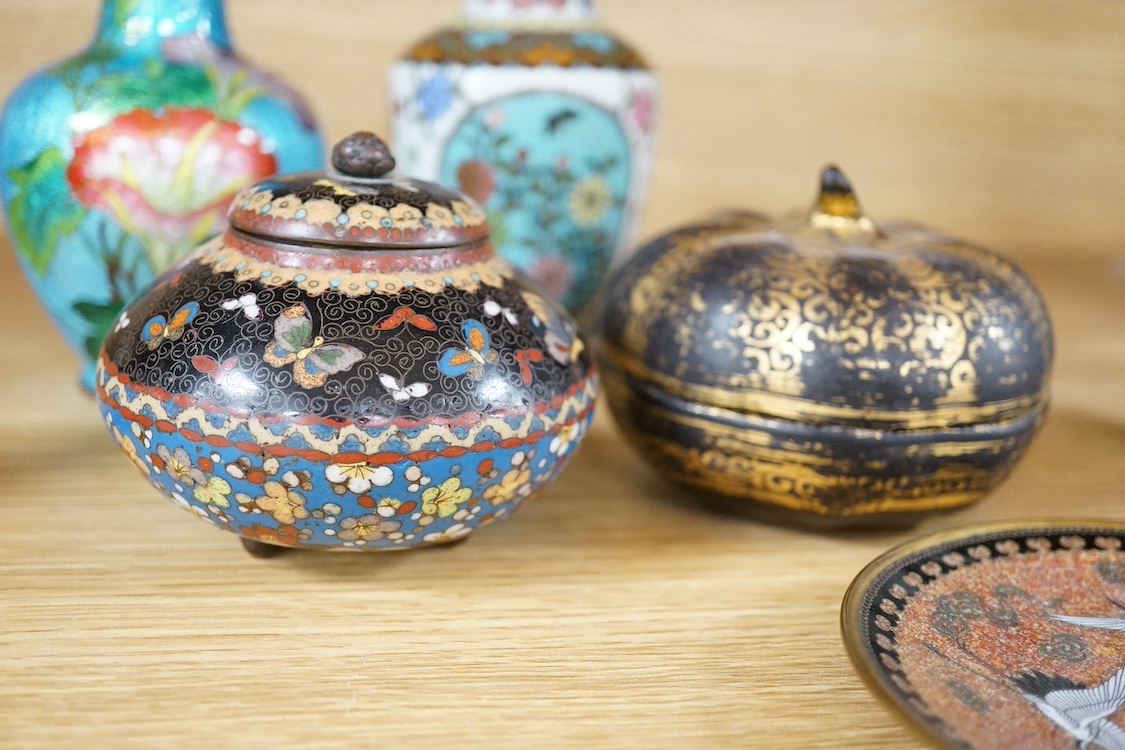 A collection of Japanese cloisonne vases to include a small ‘crane’ dish, together with a lacquered box, largest 12.5cm high. Condition - mostly fair/good